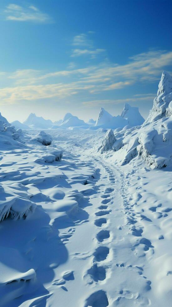 bergop in sneeuw menselijk voetafdrukken document vastbesloten beklimmen door winters heuvel verticaal mobiel behang ai gegenereerd foto