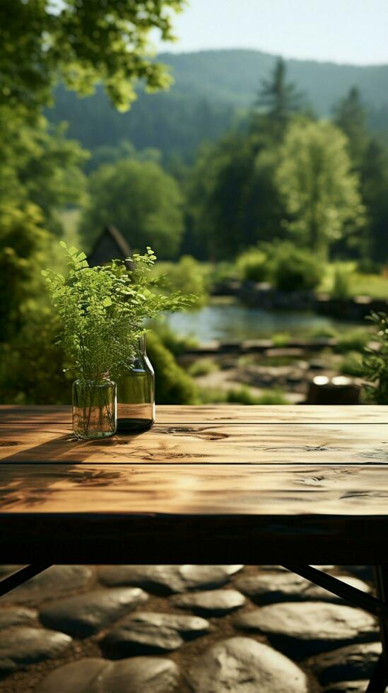 wildernis Scherm opstelling leeg houten tafel in park voor presentatie van producten temidden van natuur verticaal mobiel behang ai gegenereerd foto