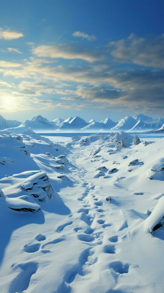 winters trektocht voetafdrukken opstijgen heuvel net zo mensen onderneming door sneeuw gedekt landschap verticaal mobiel behang ai gegenereerd foto
