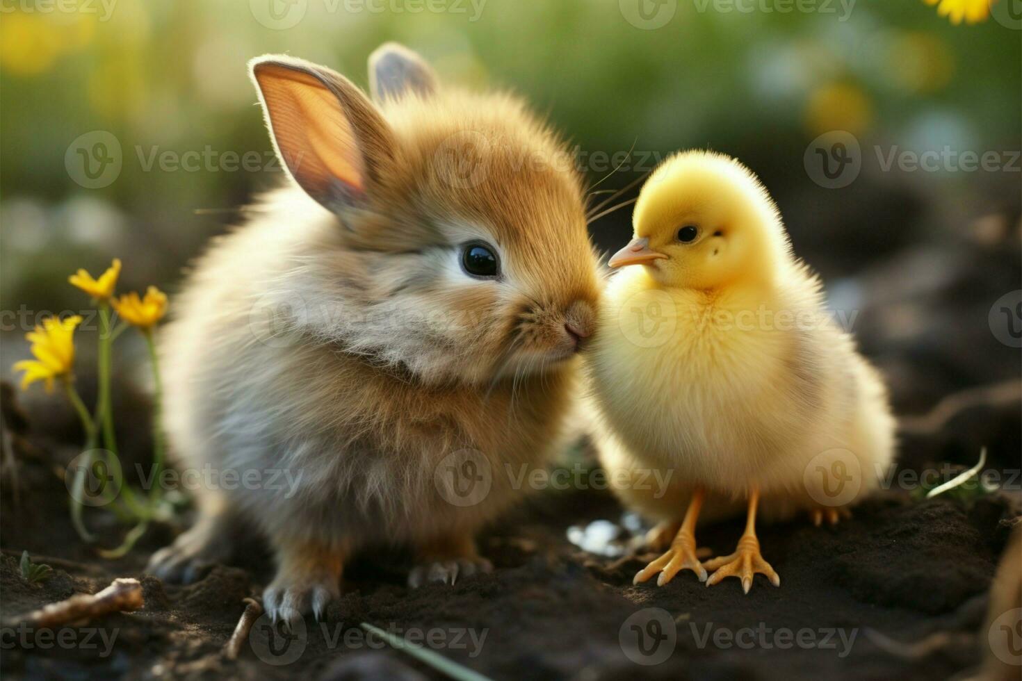 een zoet moment konijn en kuiken uitwisseling een liefdevol, bek naar neus- kus ai gegenereerd foto