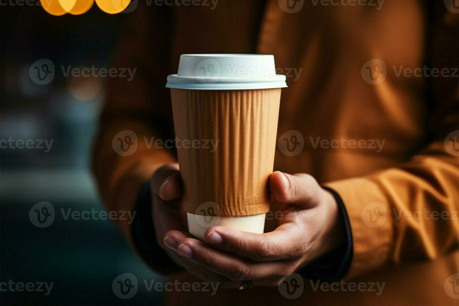 barista serveert een meenemen papier kop van stomen koffie sierlijk ai gegenereerd foto