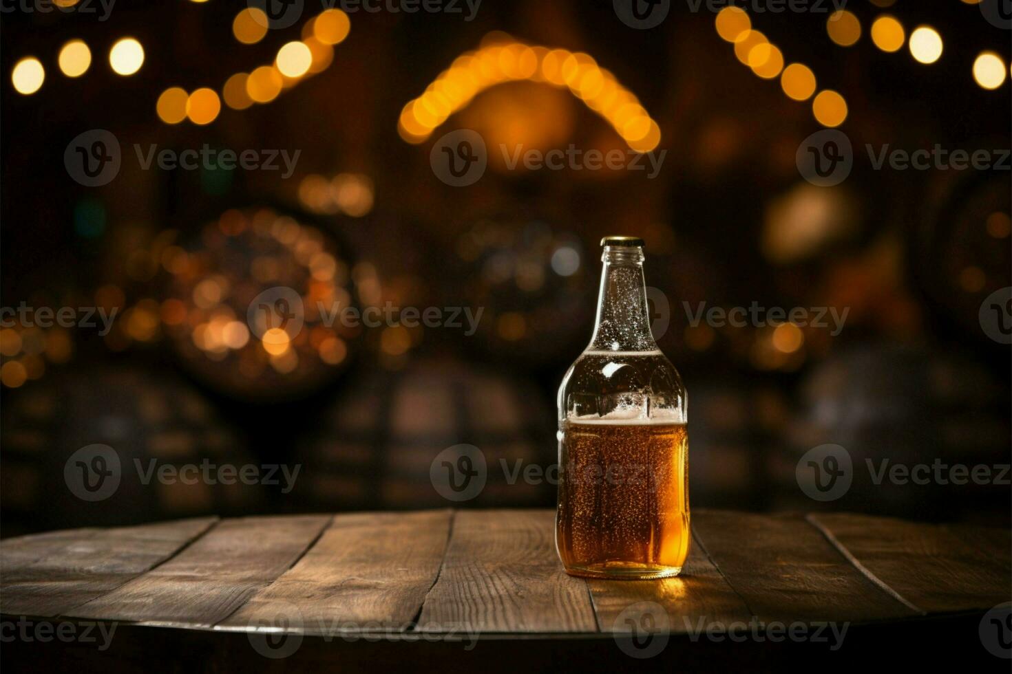 bier themed samenstelling fles, glas, en petten Aan houten tafelblad ai gegenereerd foto