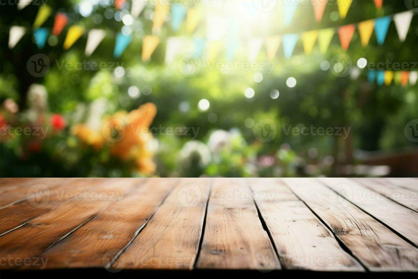 houten tafel wacht te midden van een tuin vieringen verrukkelijk achtergrond vervagen ai gegenereerd foto