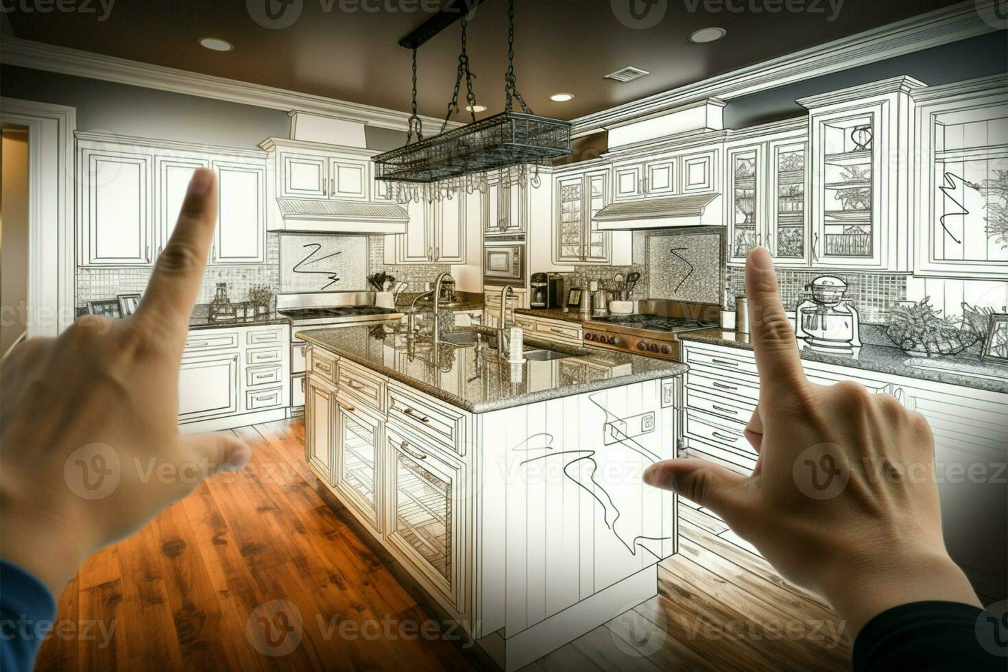 handen framing een Op maat keuken ontwerp, samenvoegen tekening en foto ai gegenereerd