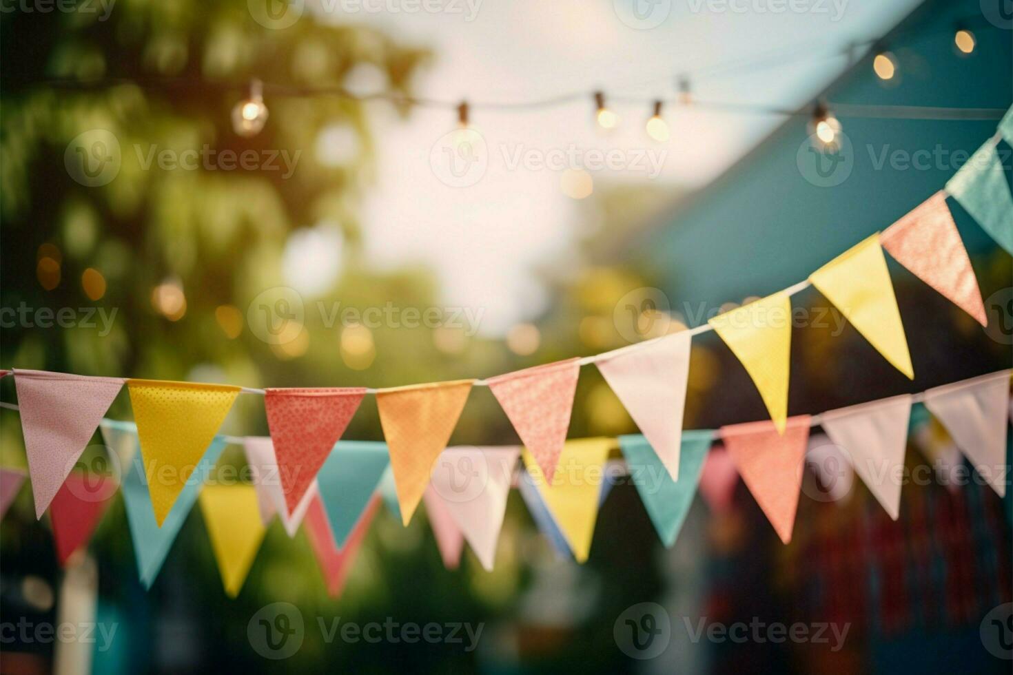 buitenshuis partij sfeer wijnoogst tonen, kleurrijk driehoekig vlaggen in vervagen ai gegenereerd foto