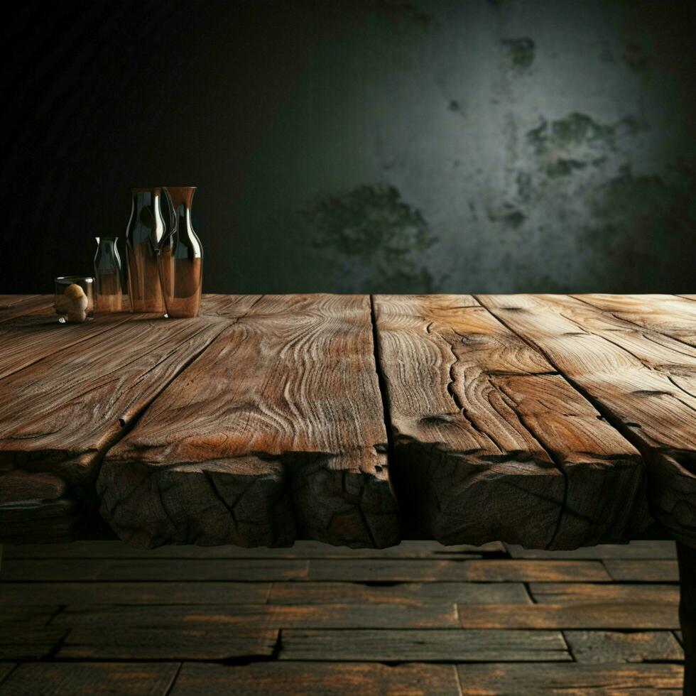 geïsoleerd houten tafelblad, harmoniseert met verweerd beton muur textuur, zichtbaar intrigeren voor sociaal media post grootte ai gegenereerd foto