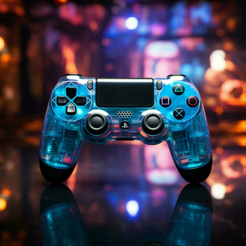 laat nacht video gaming met blauw thema, bedieningshendel dichtbij omhoog verbetert virtueel ervaring voor sociaal media post grootte ai gegenereerd foto