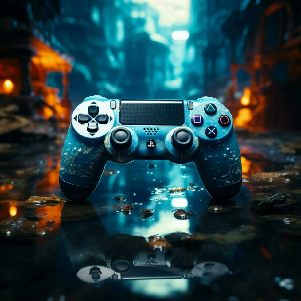 laat nacht gaming sessie blauw themed video spel, bedieningshendel dichtbij omhoog, duiken in virtueel avontuur voor sociaal media post grootte ai gegenereerd foto