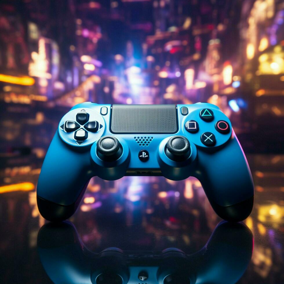 laat nacht video gaming met blauw thema, bedieningshendel dichtbij omhoog verbetert virtueel ervaring voor sociaal media post grootte ai gegenereerd foto