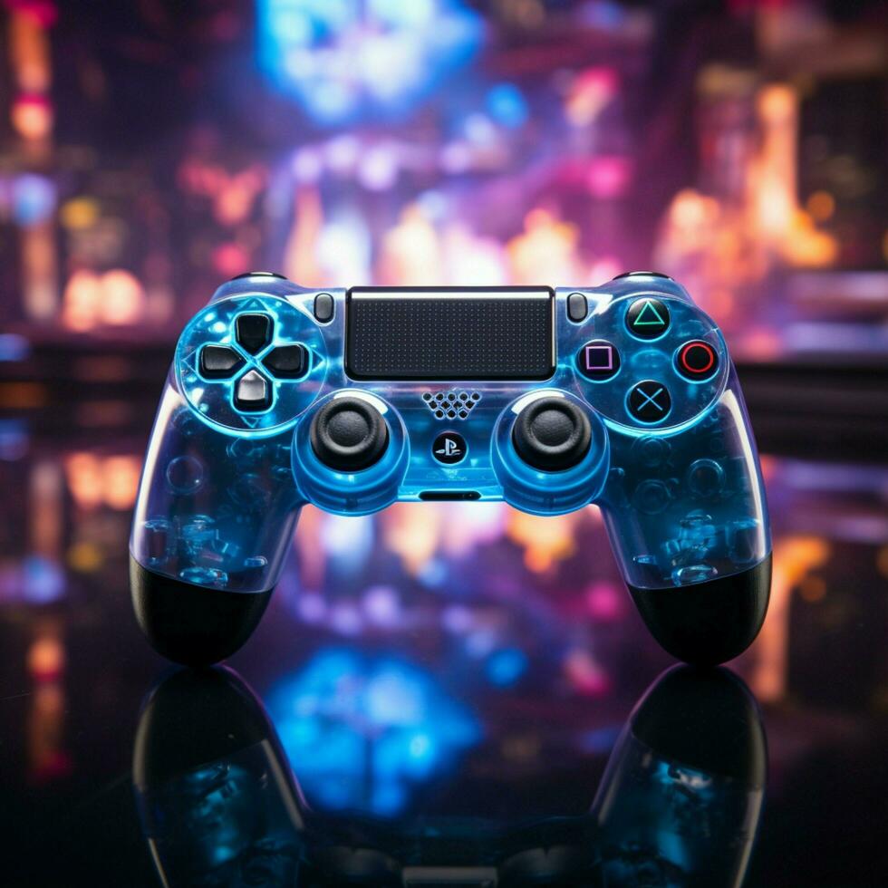 laat nacht video gaming met blauw thema, bedieningshendel dichtbij omhoog verbetert virtueel ervaring voor sociaal media post grootte ai gegenereerd foto