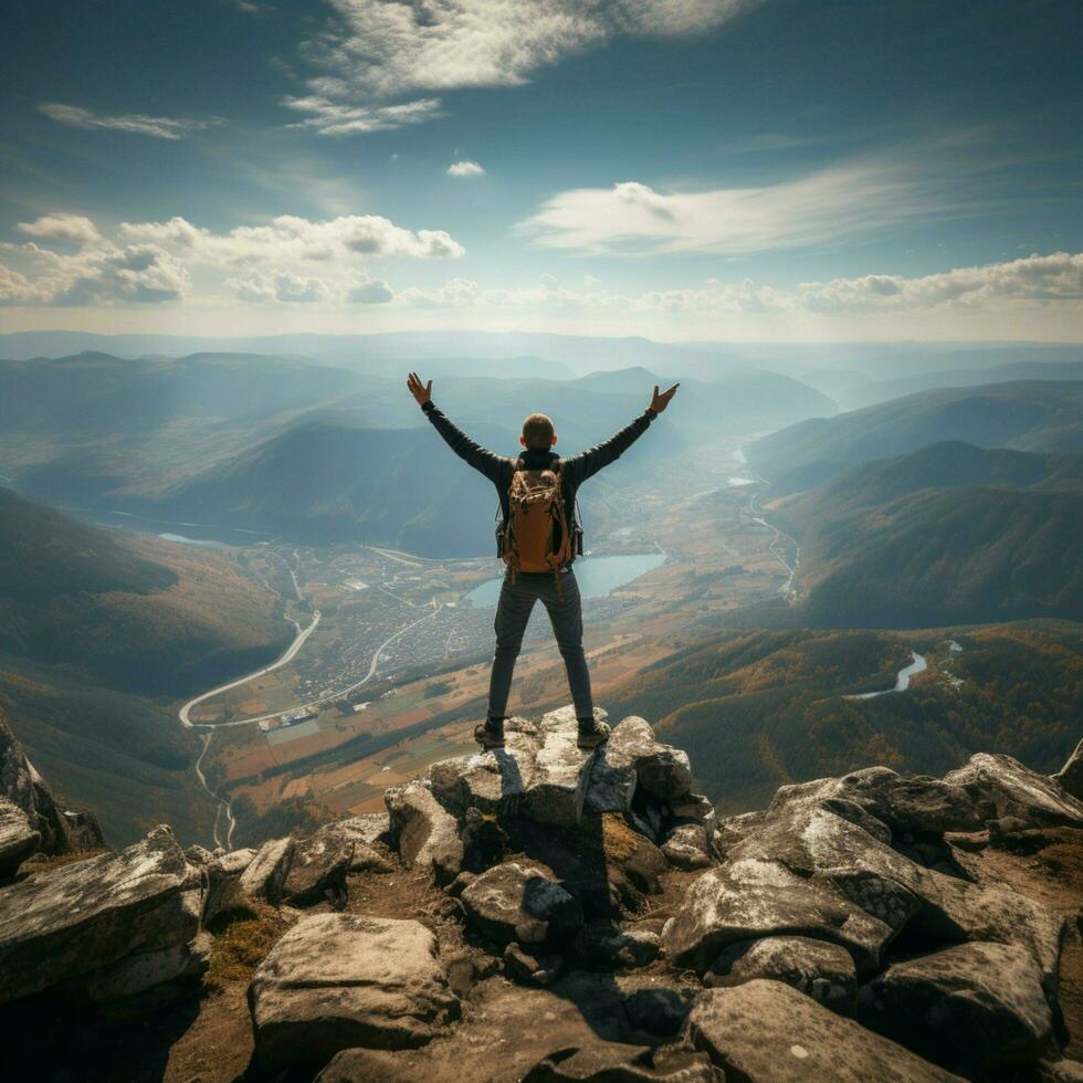 berg veroveraar, geslaagd wandelaar geniet in panoramisch visie van zegevierend top voor sociaal media post grootte ai gegenereerd foto
