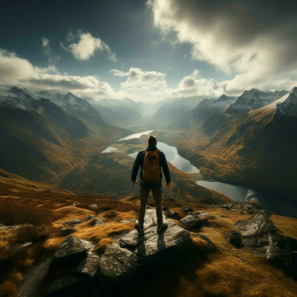 top waardering, geslaagd wandelaar geniet berg visie, een testament naar zijn prestaties voor sociaal media post grootte ai gegenereerd foto