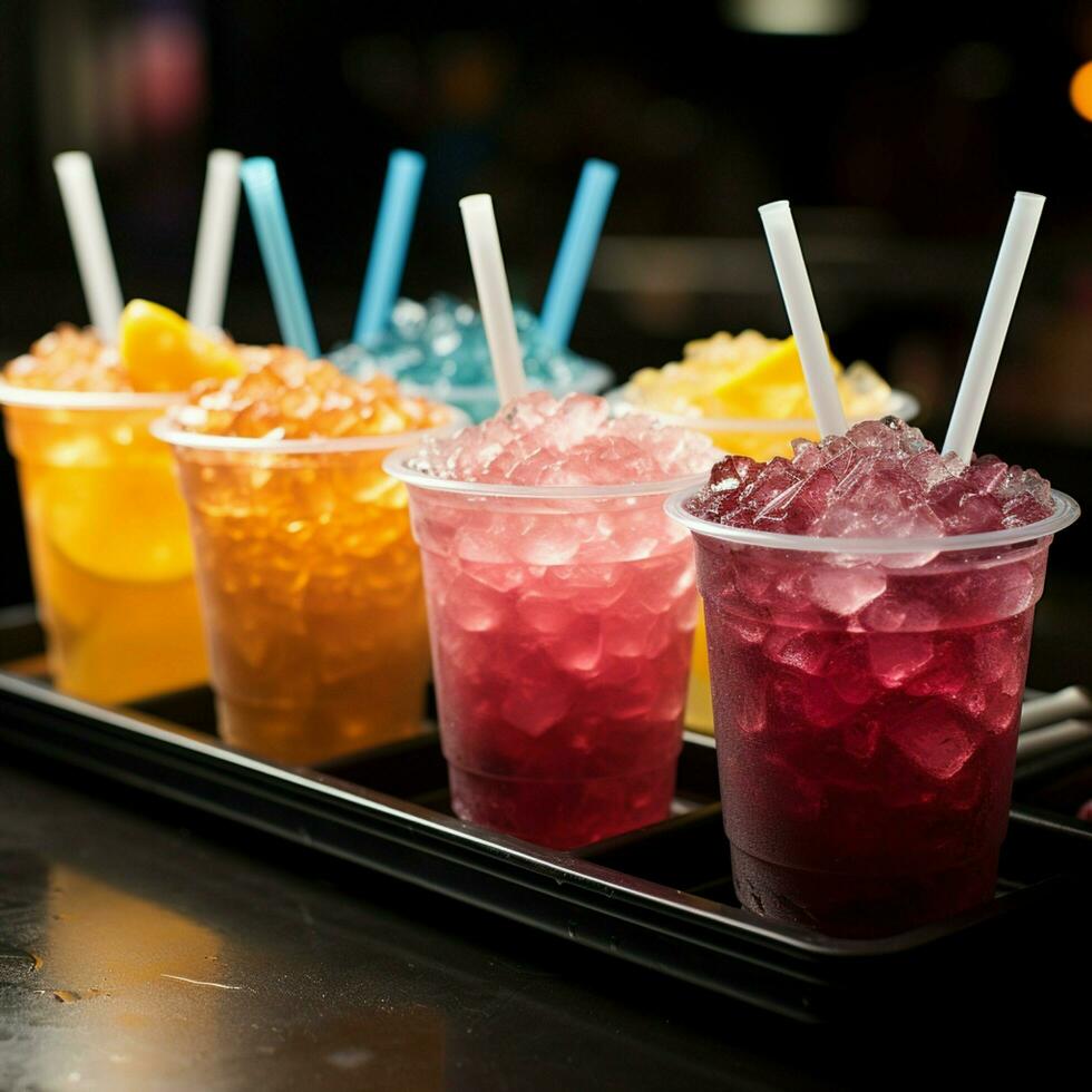 plastic cups houden bevroren fruit slushies, uitgelijnd in een kleurrijk, ijzig rij voor sociaal media post grootte ai gegenereerd foto