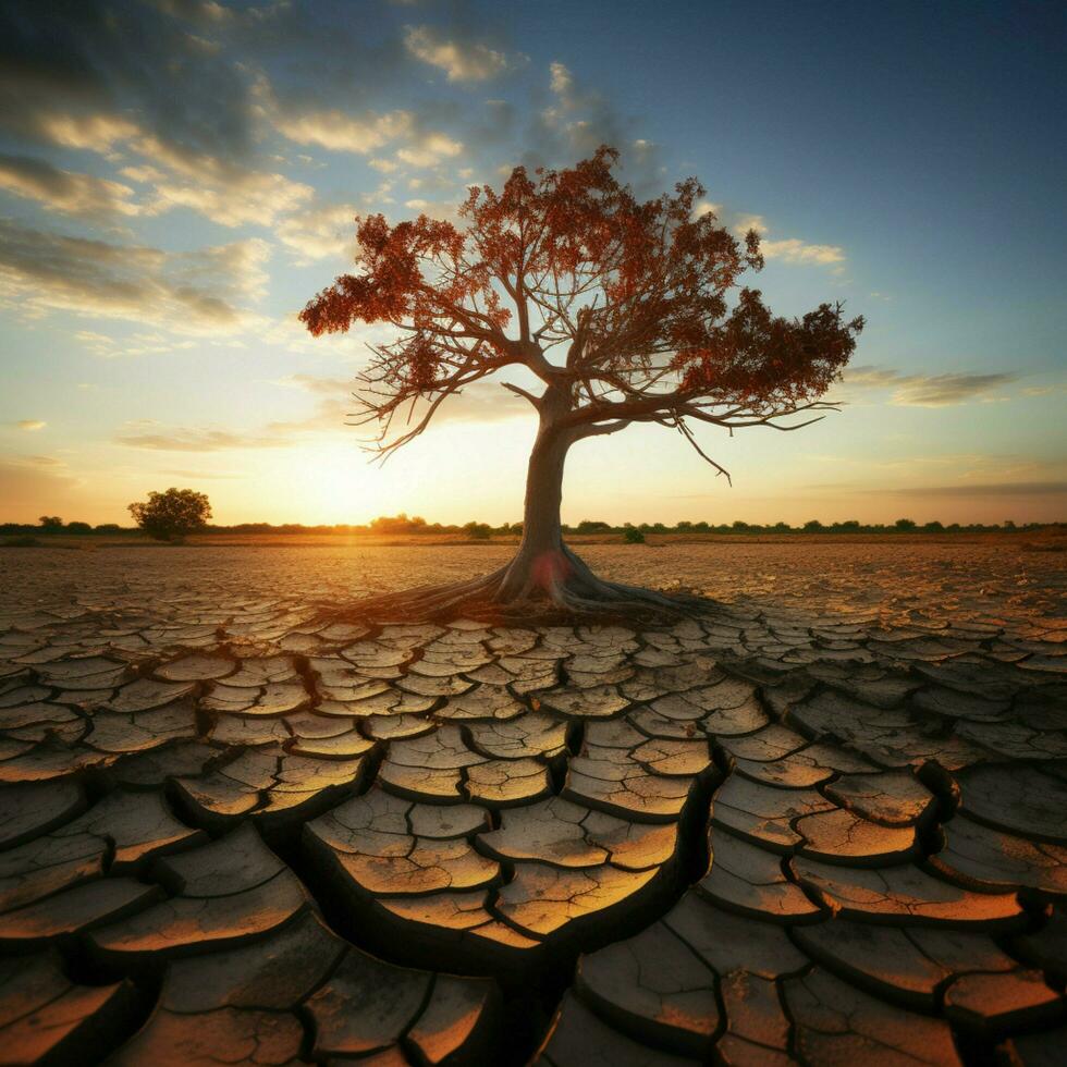 veerkrachtig boom te midden van gebarsten aarde betekent: klimaat veranderingen gevolg water tekort, globaal opwarming voor sociaal media post grootte ai gegenereerd foto