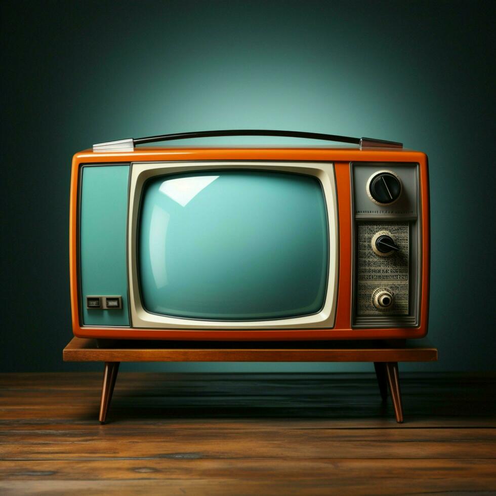 retro elegantie, oud oranje TV Aan hout tafel contrasten munt blauw backdrop prachtig voor sociaal media post grootte ai gegenereerd foto