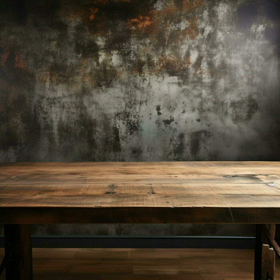 rustiek hout tafel oppervlakte aangevuld met grunge beton getextureerde muur voor sociaal media post grootte ai gegenereerd foto