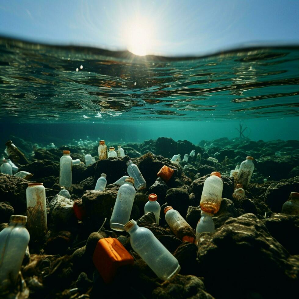 zee besmet met plastic flessen, afbeelden aard degradatie en milieu verontreiniging voor sociaal media post grootte ai gegenereerd foto