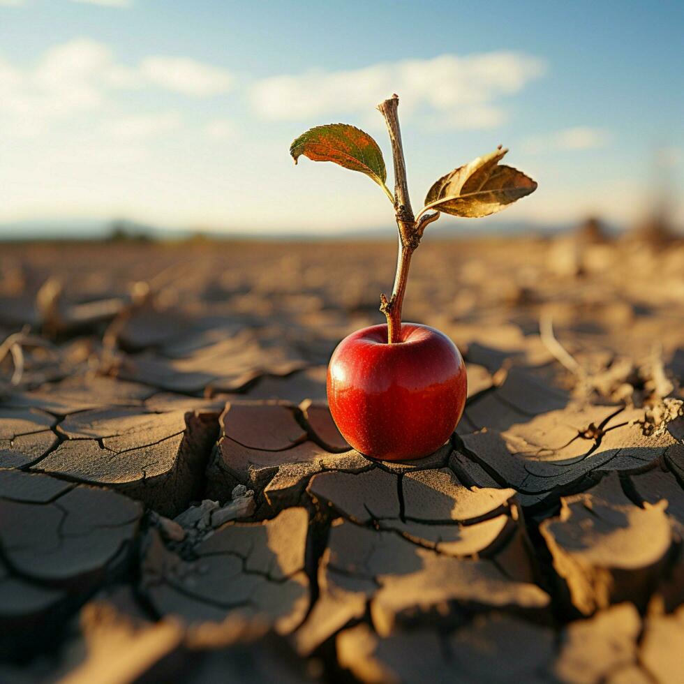 dor landschap appel Aan gebarsten bodem beeldt af voedsel onzekerheid, water tekort, agrarisch crisis voor sociaal media post grootte ai gegenereerd foto
