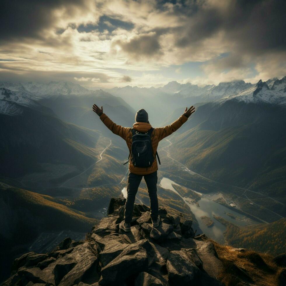 top opgetogenheid, geslaagd wandelaar omarmt bergtop visie, markering een persoonlijk triomf voor sociaal media post grootte ai gegenereerd foto