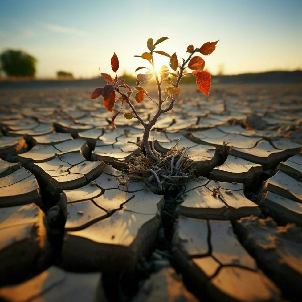 boom bloeit Aan gebarsten grond, betekenend water tekort ten gevolge naar klimaat verandering voor sociaal media post grootte ai gegenereerd foto