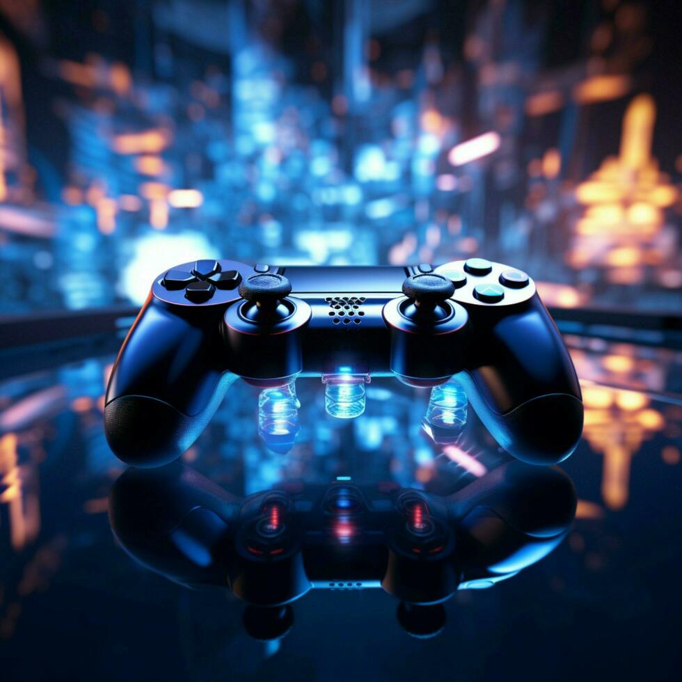 blauw afgezwakt virtueel wereld bedieningshendel dichtbij omhoog, laat nacht gaming sessie wordt meeslepend voor sociaal media post grootte ai gegenereerd foto