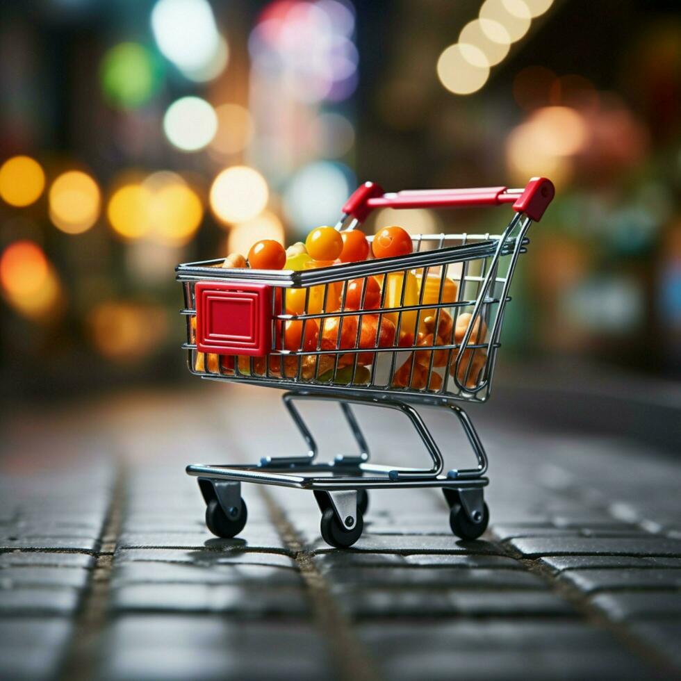 kar in context supermarkt boodschappen doen kar temidden van wazig op te slaan bokeh atmosfeer voor sociaal media post grootte ai gegenereerd foto