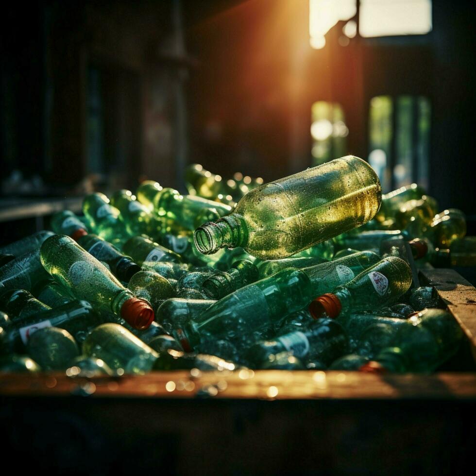 gedetailleerd schot eco bewust hand- gooit plastic fles in recycling bak, bevorderen recycling voor sociaal media post grootte ai gegenereerd foto