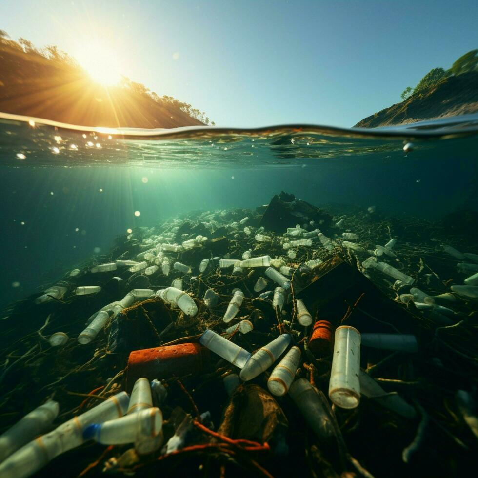 milieu degradatie oceaan belaagd door plastic fles vervuiling, benadrukkend ecologisch gevolg voor sociaal media post grootte ai gegenereerd foto