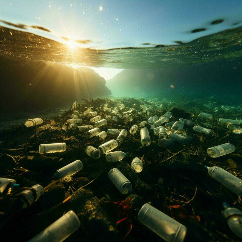 milieu degradatie oceaan belaagd door plastic fles vervuiling, benadrukkend ecologisch gevolg voor sociaal media post grootte ai gegenereerd foto