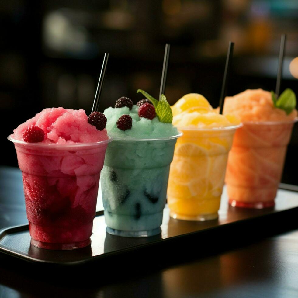 bevroren fruit slushies in kopjes, bekleed omhoog voor een ijzig verfrissing optocht voor sociaal media post grootte ai gegenereerd foto