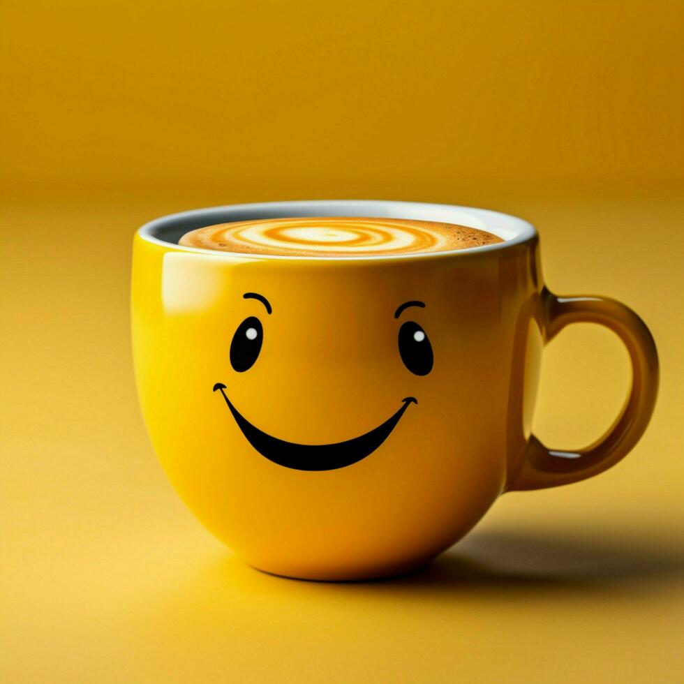 aanbiddelijk koffie kop persona Aan geel achtergrond, sporting een grijns kopiëren vriendelijk atmosfeer voor sociaal media post grootte ai gegenereerd foto