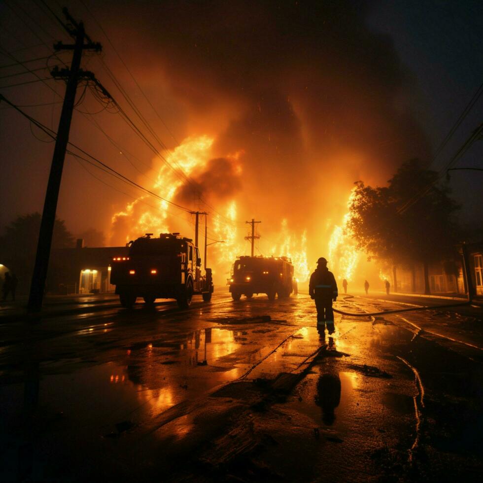 industrieel tafereel brandweerlieden dienst ronddraaien mist naar temmen olie vuur, beteugelen potentieel inferno voor sociaal media post grootte ai gegenereerd foto