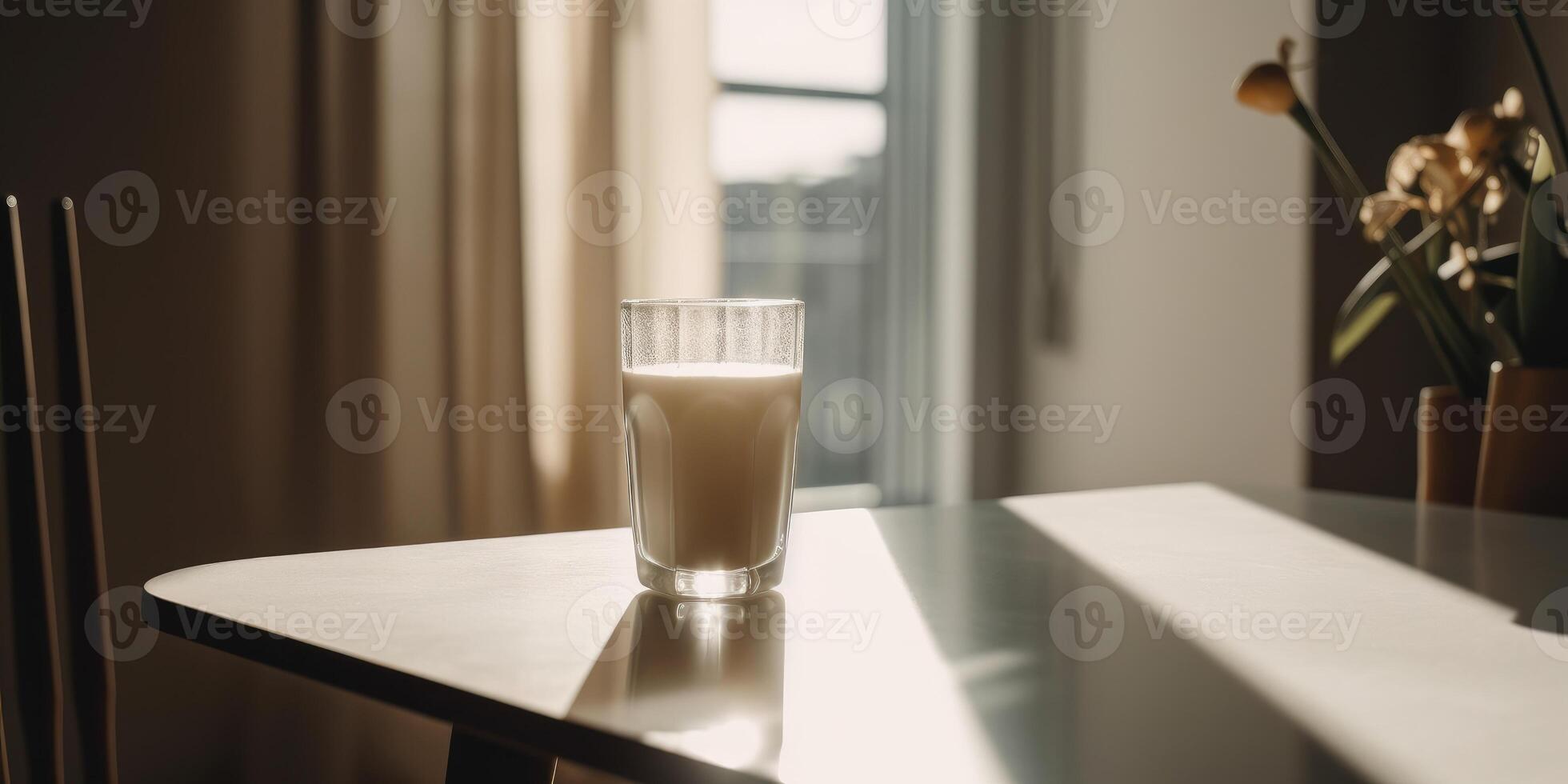 een glas van melk is Aan de tafel. generatief ai foto