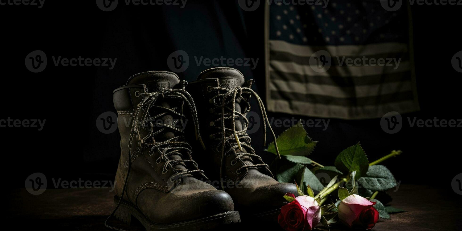 Amerika dag, rozen en soldaat laarzen Aan de achtergrond van de Amerikaans vlag. generatief ai foto