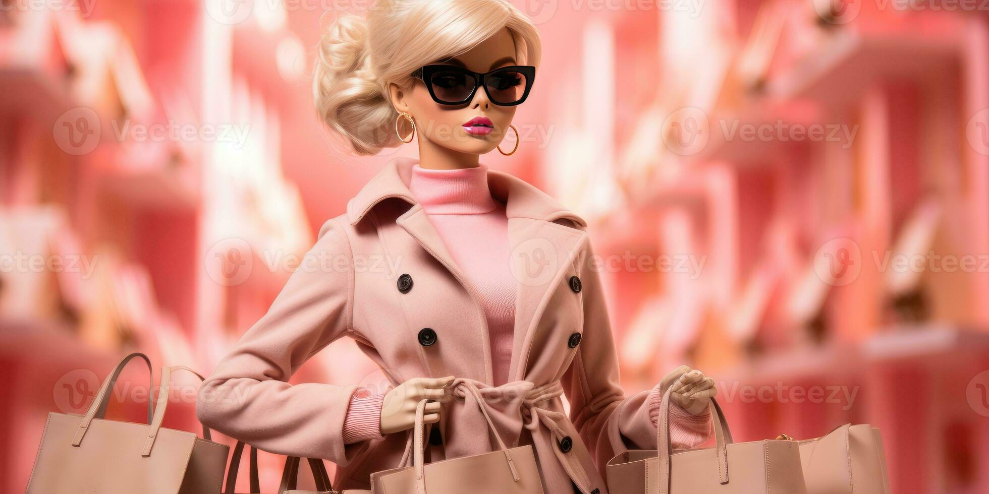 blond pop in een roze pak Aan een roze achtergrond. generatief ai foto