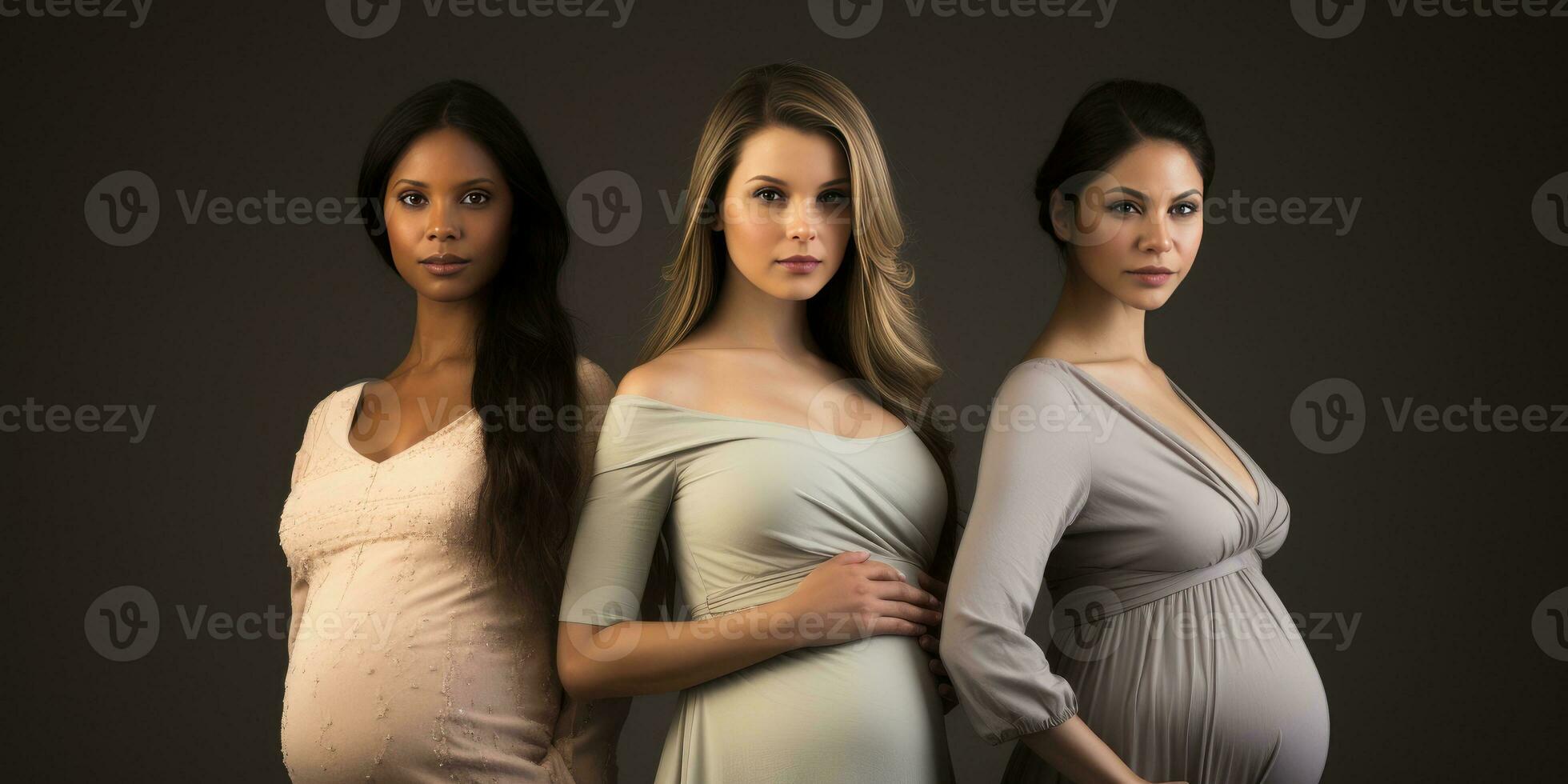 drie mooi zwanger meisjes van verschillend nationaliteiten. generatief ai foto