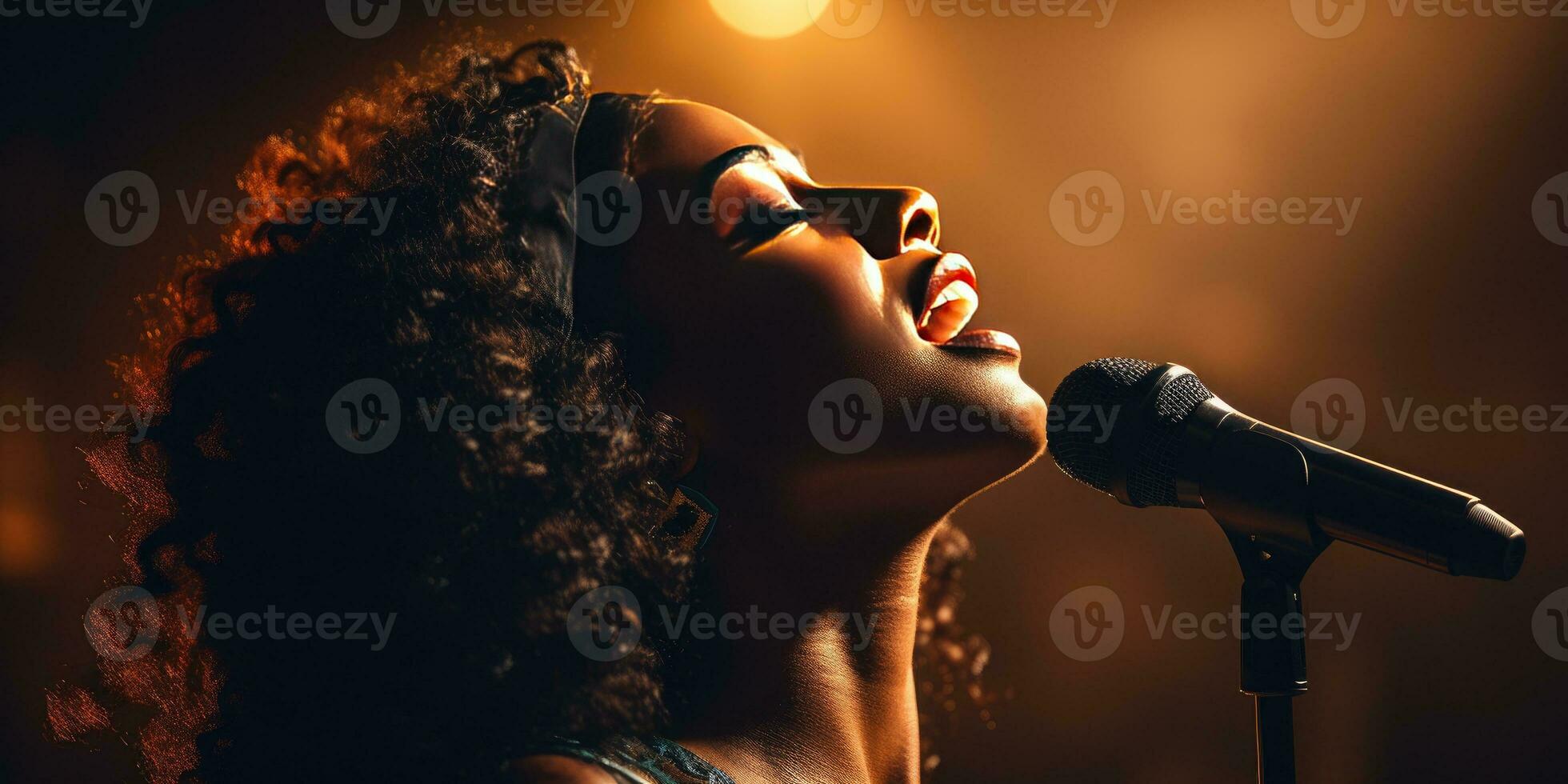 jong Afrikaanse vrouw zingt in karaoke. generatief ai foto