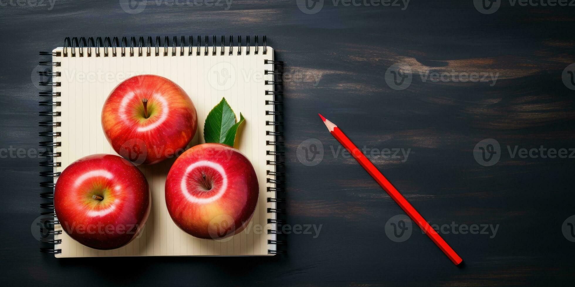 ruimte voor tekst, terug naar school. kladblok en appel Aan de tafel. generatief ai foto