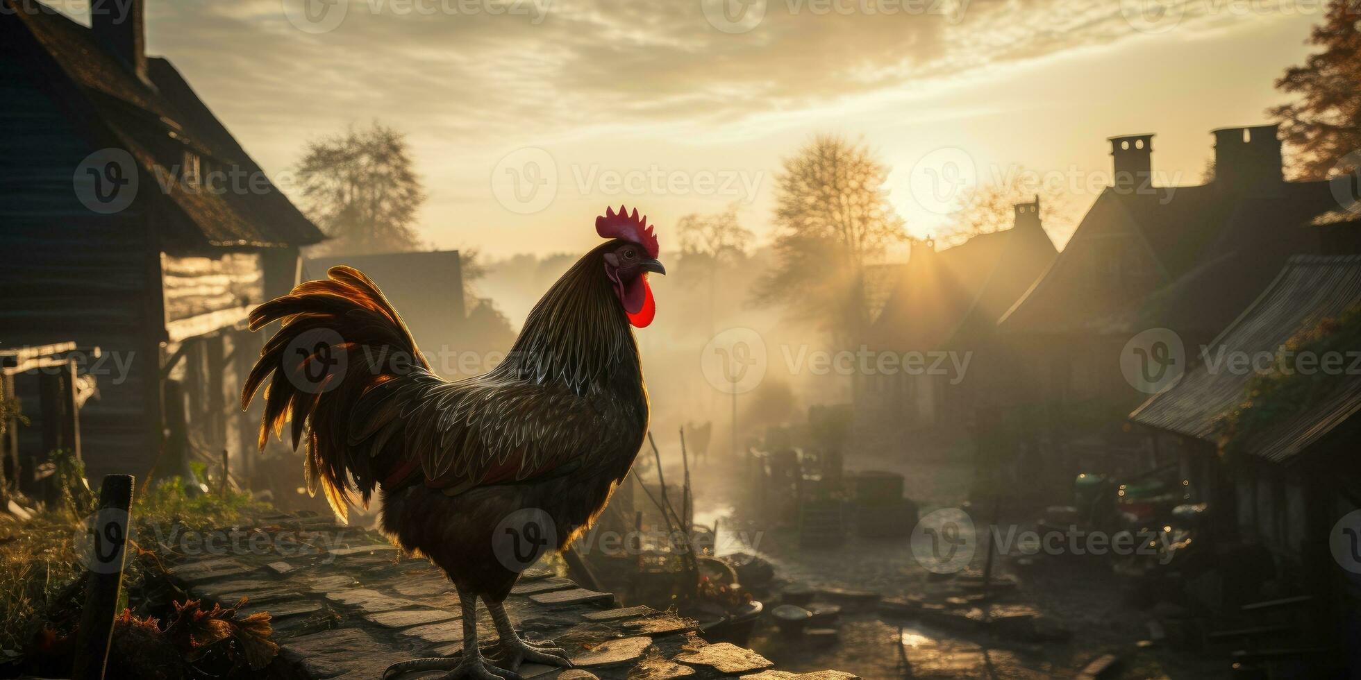 haan Aan de achtergrond van zonsondergang, mist in de dorp. generatief ai foto