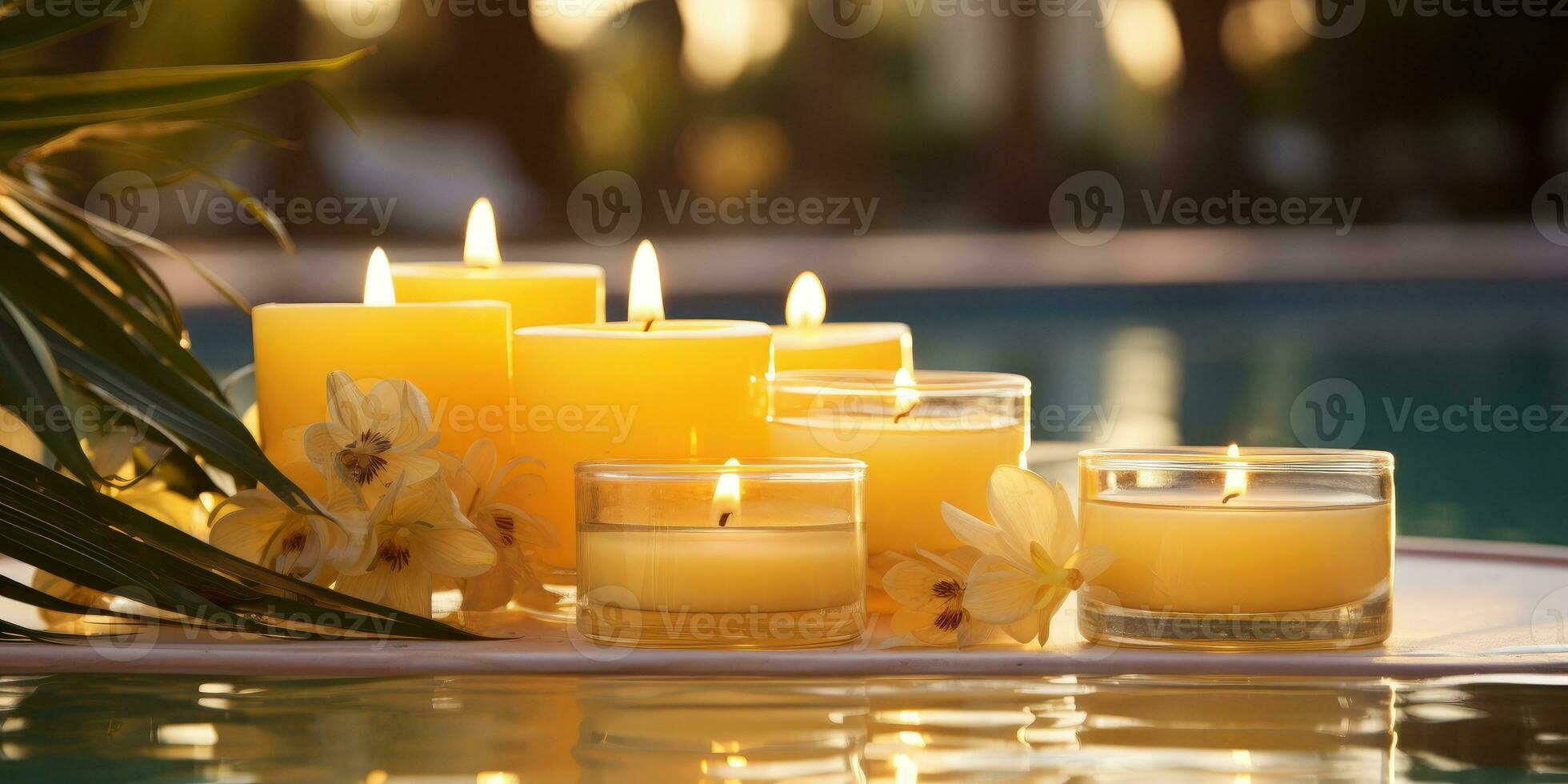 citroen kaarsen door de zwembad. romantisch humeur. generatief ai foto