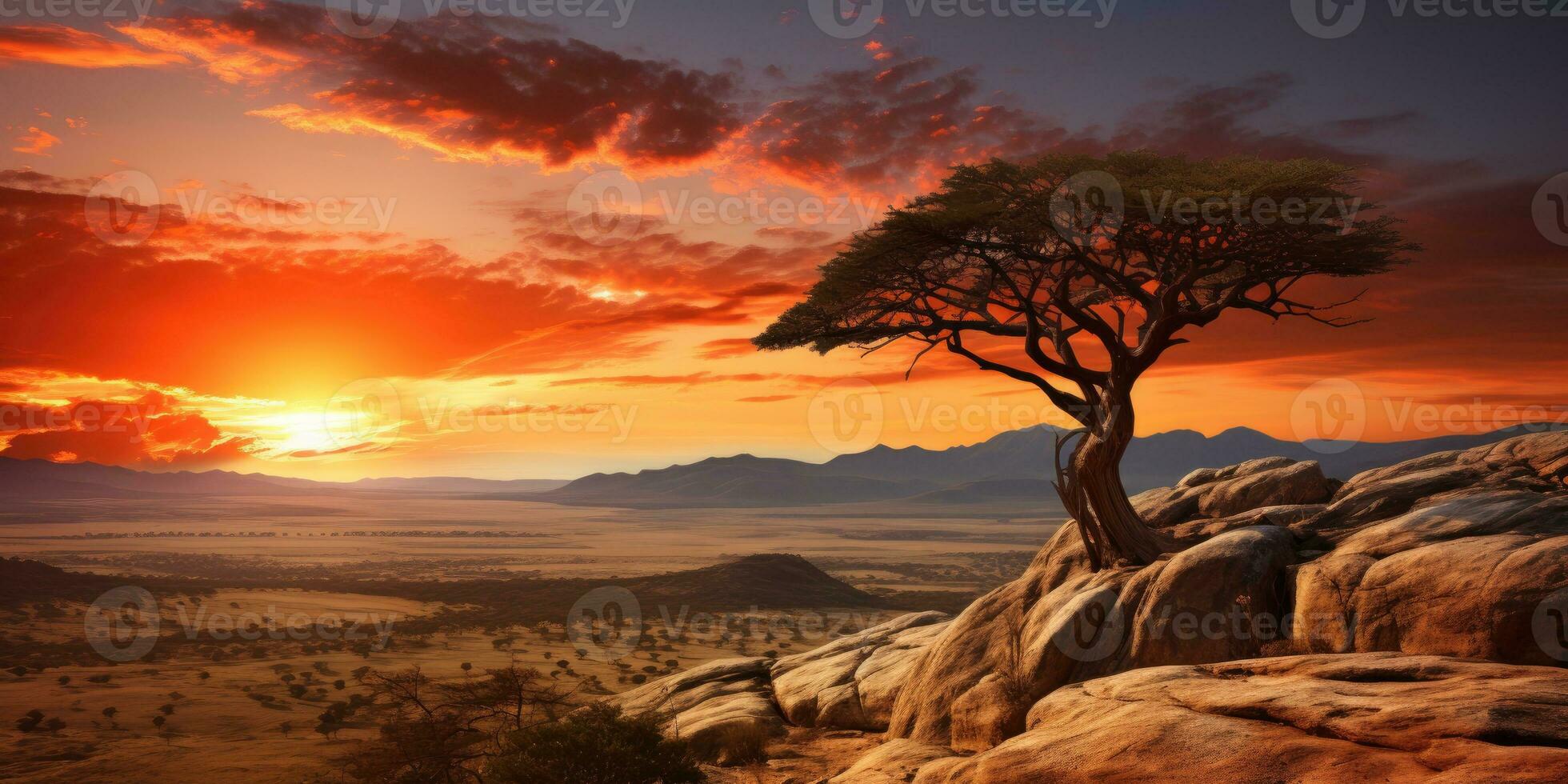 mooi zonsondergang in Afrika met een dood boom en helder kleuren. generatief ai foto