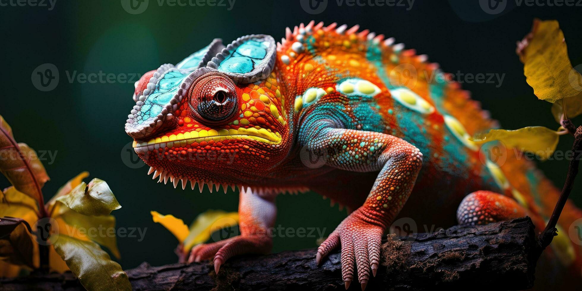 een schattig rood kameleon met blauw vlekken zit Aan een Afdeling. generatief ai foto