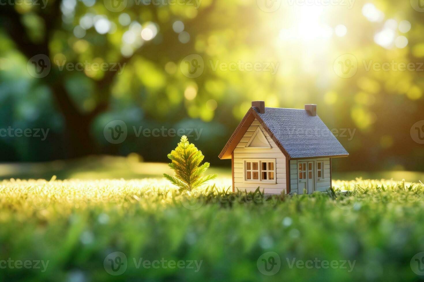 een vreemd huisje genesteld in een levendig groen weide foto