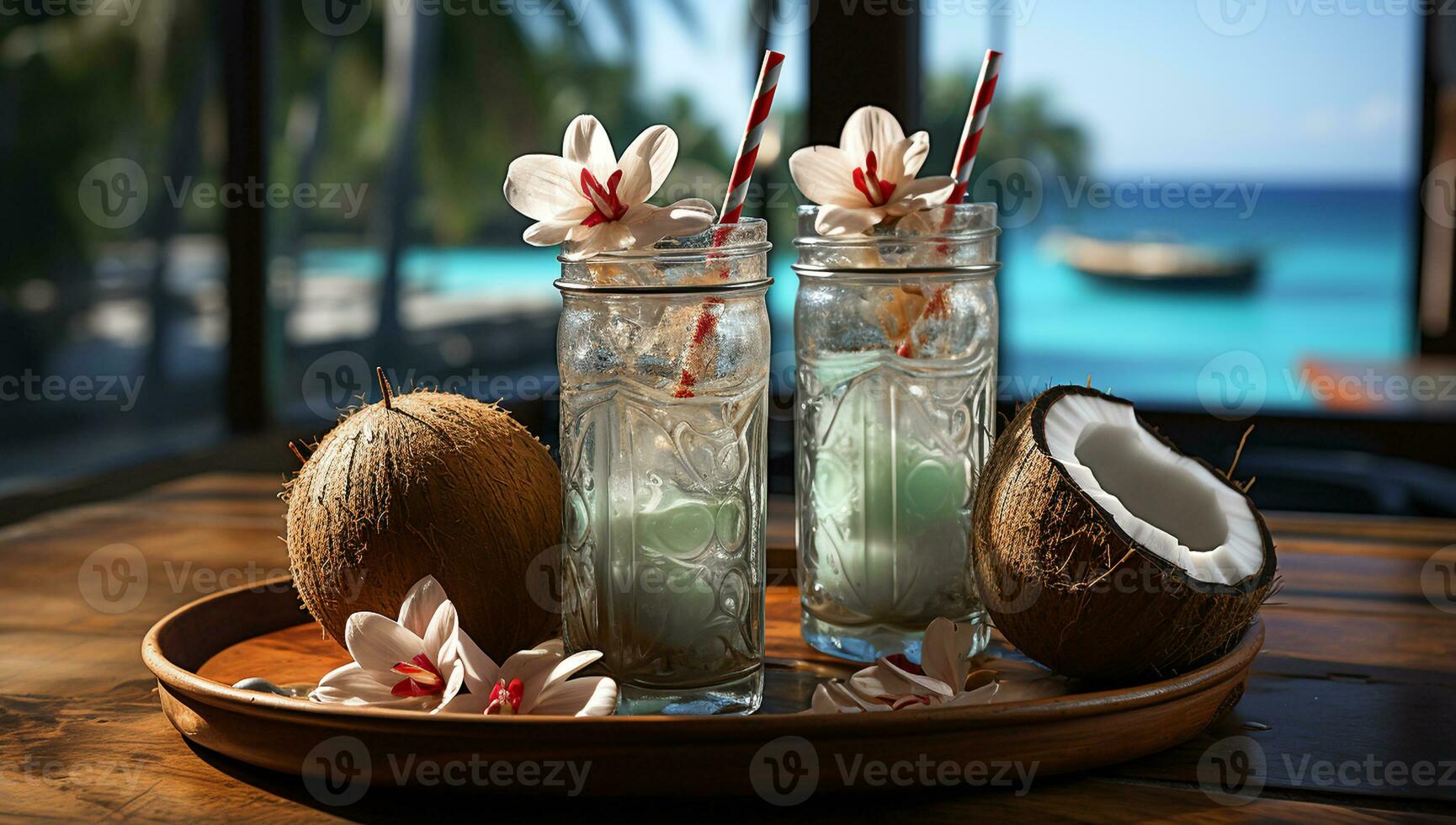 paradijs landschap met kokosnoot drinken en lotus bloemen. ai gegenereerd foto