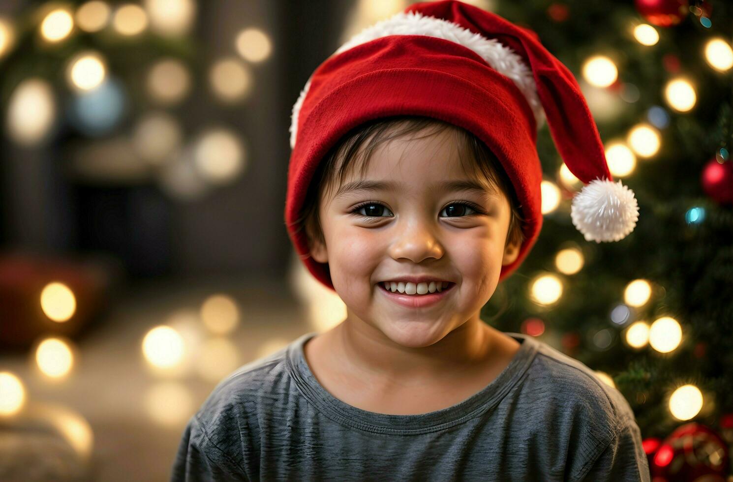 ai generatief portret van aanbiddelijk kind met de kerstman claus rood hoed, feestelijk achtergrond, banier met kopiëren ruimte tekst, kerstmis sjabloon foto