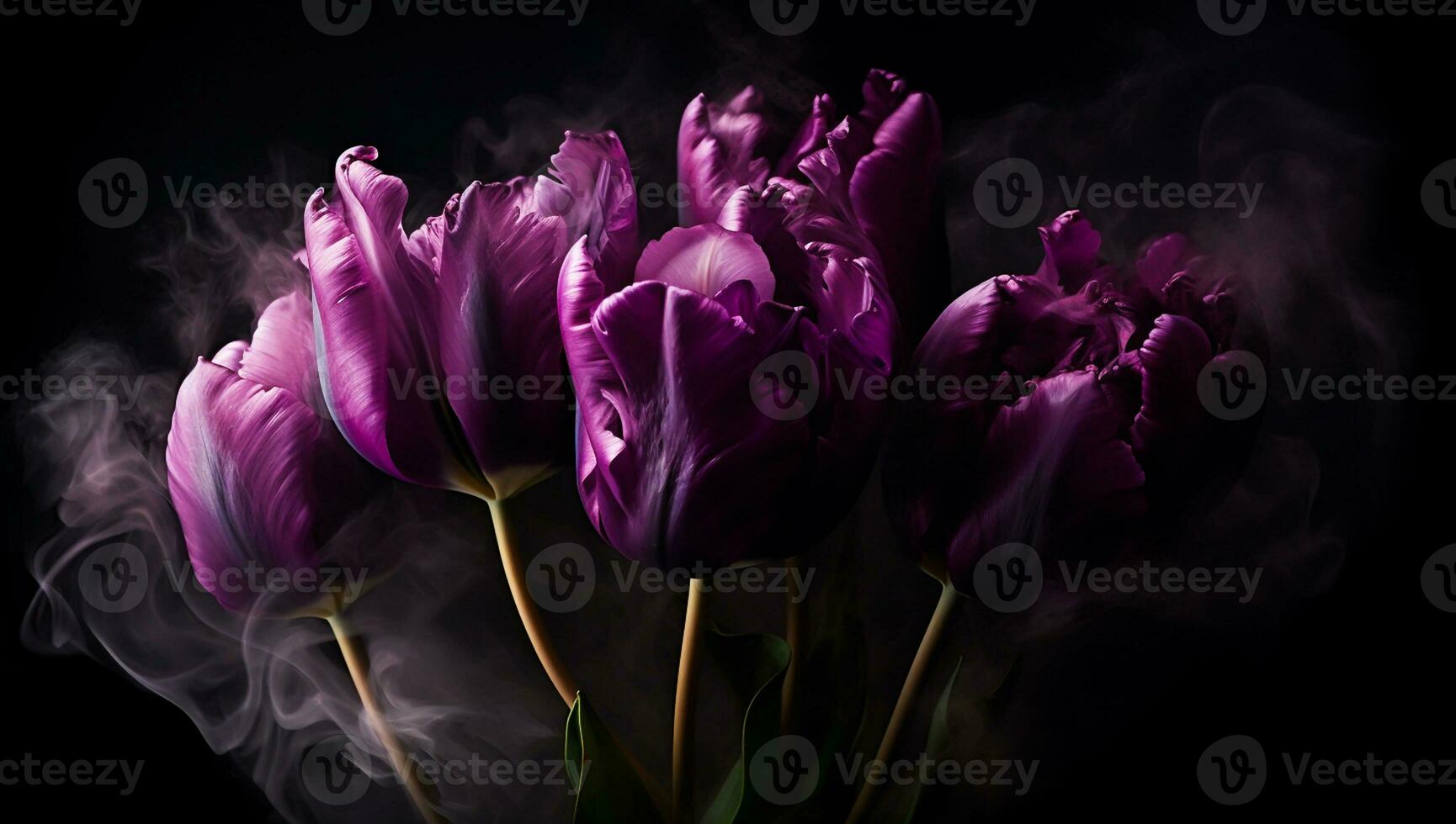 takken van Purper tulpen Aan een donker achtergrond met delicaat wierook rook - gegenereerd ai foto