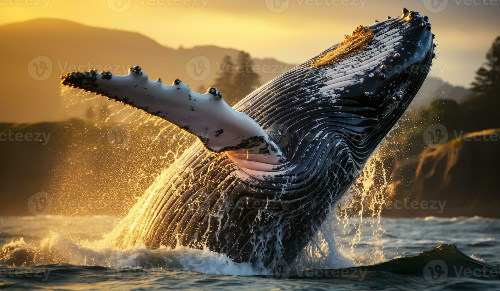 walvis jumping in water Bij zonsondergang. ai gegenereerd foto