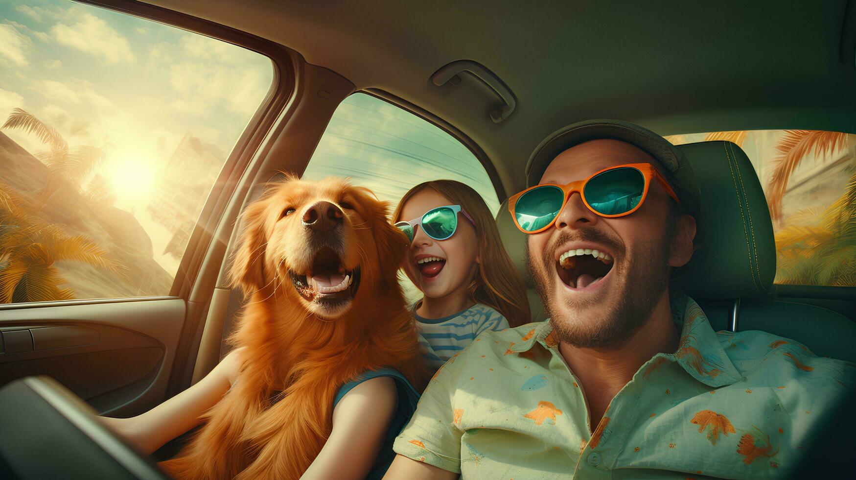 familie van vader en dochter met hond het rijden weg Aan vakantie.gemaakt door generatief ai foto