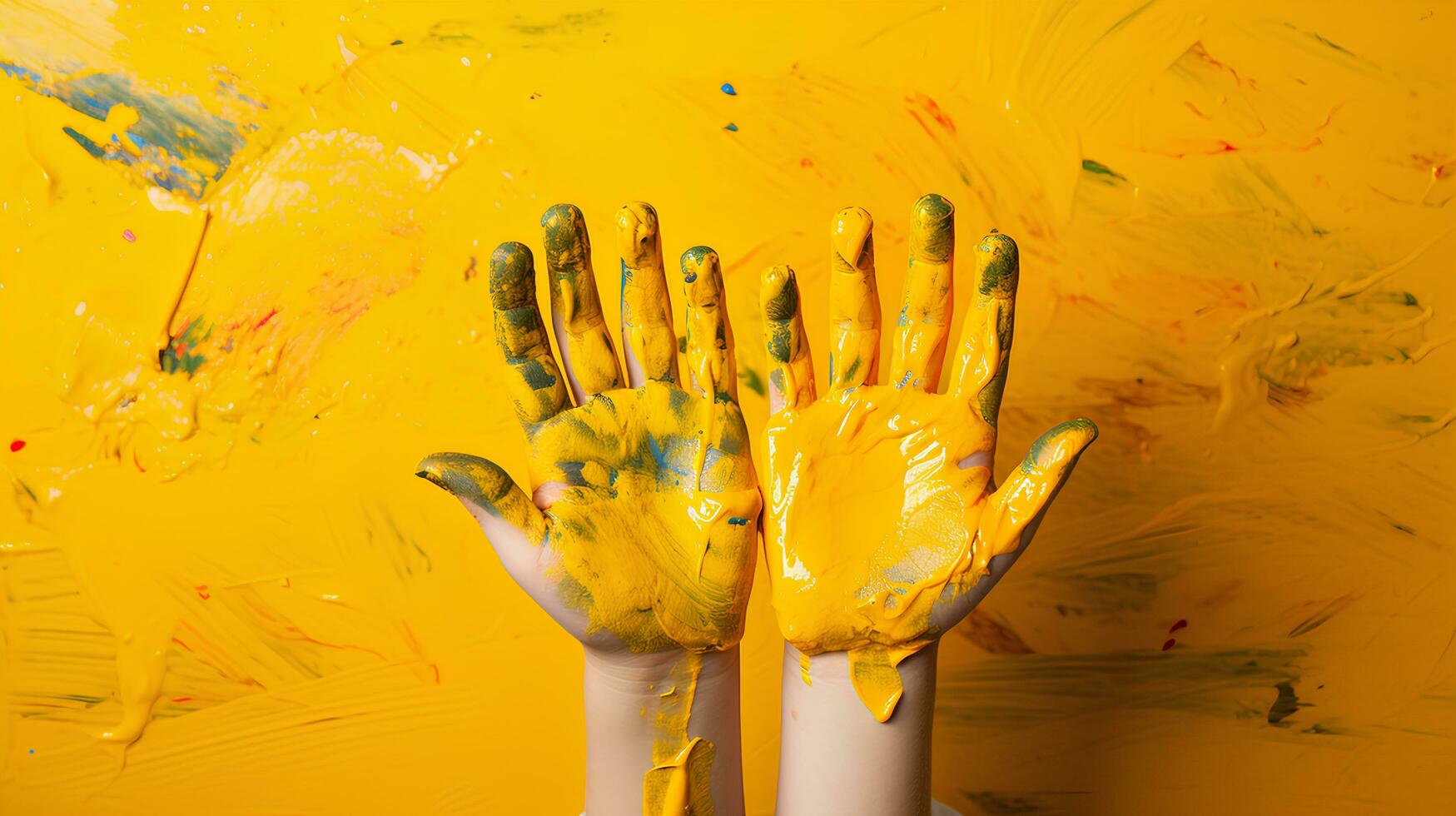 kinderen handen kleur kunst. veel gemengd kleuren. Aan geel background.create ai gegenereerd. foto