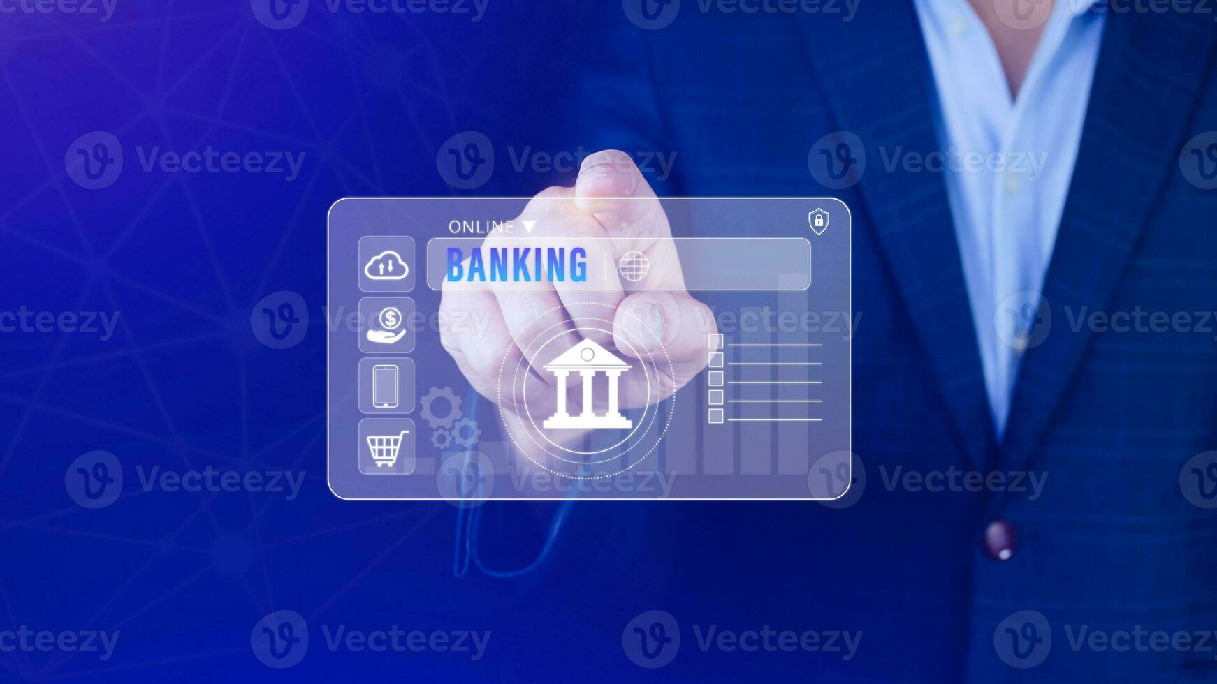 zakenman accenten online bank en netwerk verbinding pictogrammen, online betaling pictogrammen Aan virtueel scherm, internet online bank betalen concept. foto